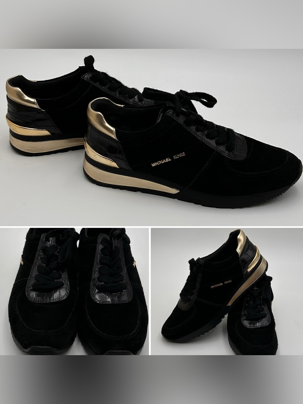 MICHAEL KORS WOMENS SNEAKERS SZ 6.5 BLACK METALLIC GOLD ALLIE WRAP TRAINER SHOES
